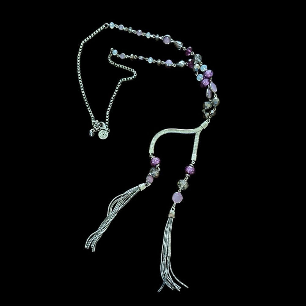 White House Black Market Purple and Silver Beaded Tassel Necklace Bohemian